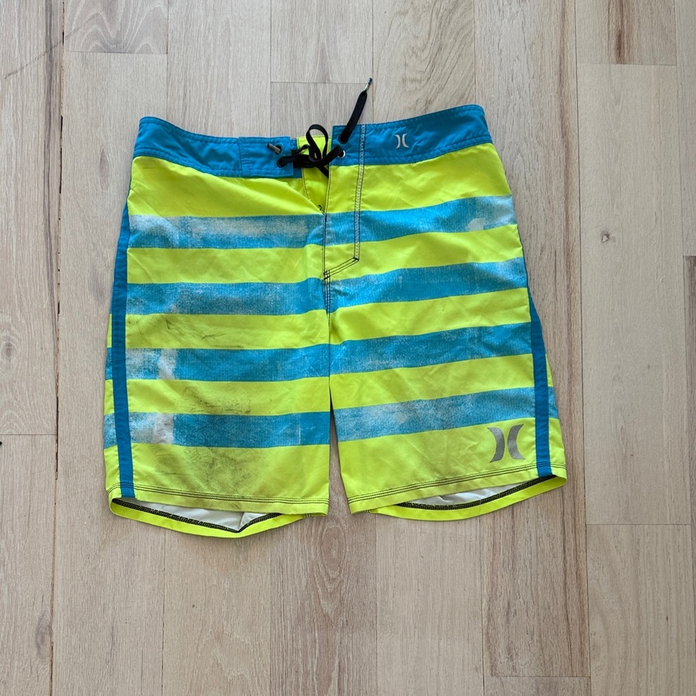 Hurley Neon Yellow and Teal Striped Shorts